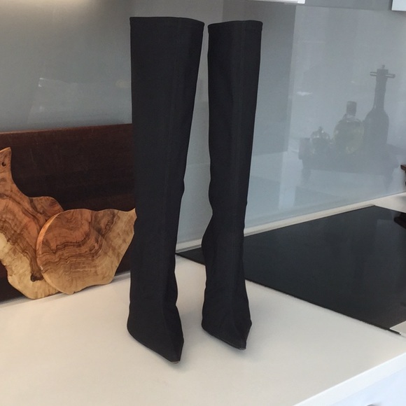 Strategia black fabric stiletto boots